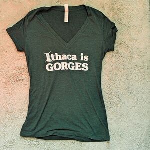 Ithaca Is Gorges V-Neck T-Shirt – Dark Green | Small